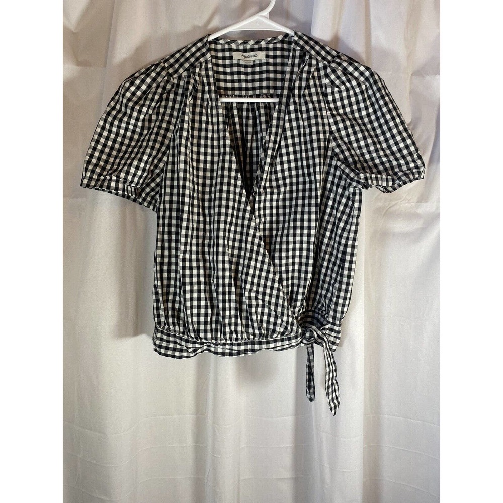 Madewell Top Womens Small Black White Checkered Short Sleeve Waist Tie V Neck - Picture 2 of 6